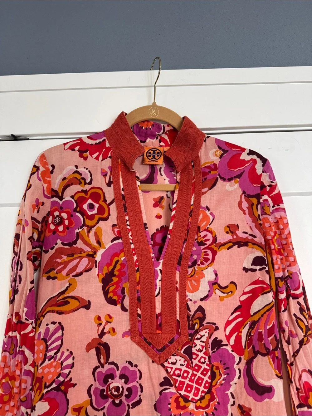 Tory Burch Pink and Coral Floral V-Neck Tunic